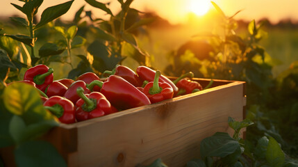 Red bell peppers harvested in a wooden box with field and sunset in the background. Natural organic fruit abundance. Agriculture, healthy and natural food concept. Horizontal composition. - obrazy, fototapety, plakaty