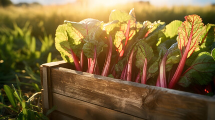Rhubarb leafstalks harvested in a wooden box in a field with sunset. Natural organic vegetable abundance. Agriculture, healthy and natural food concept. Horizontal composition.