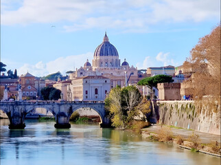 Fototapeta premium St.Peter's basilica and Ponte Vittorio Emanuele II bridge in Vatican, Rome.Italy