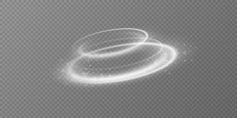 Glowing white spiral. Speed ​​abstract lines effect. Rotating shiny rings. Glowing circular lines. Glowing ring trail. Vector.	