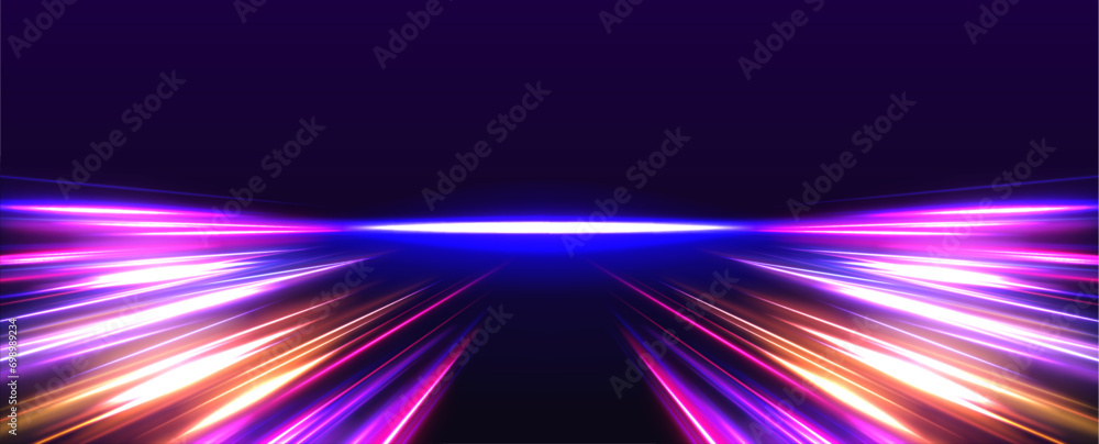 Poster Vector speed of light in space on dark background. Abstract background in blue, yellow and orange neon colors. Magic of moving fast lines. Laser beams, horizontal light rays. Particle motion effect.	