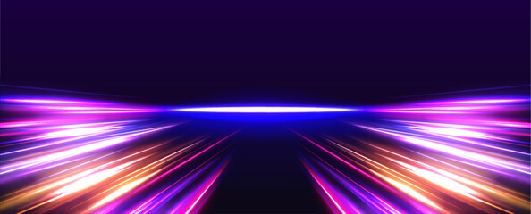 Vector speed of light in space on dark background. Abstract background in blue, yellow and orange neon colors. Magic of moving fast lines. Laser beams, horizontal light rays. Particle motion effect.	 - obrazy, fototapety, plakaty