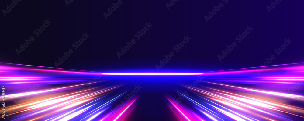 Poster Vector speed of light in space on dark background. Abstract background in blue, yellow and orange neon colors. Magic of moving fast lines. Laser beams, horizontal light rays. Particle motion effect.	