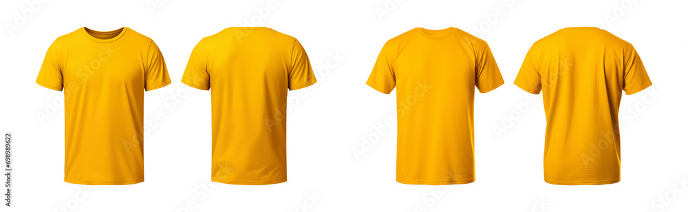 Wall mural realistic set of male yellow t-shirts mockup front and back view isolated on a transparent background, cut out - Wall murals