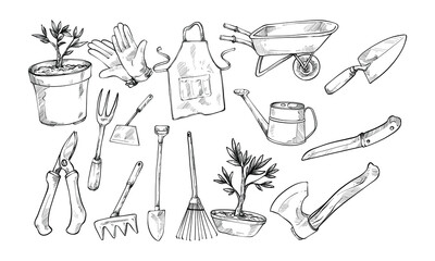 gardening items handdrawn collection - obrazy, fototapety, plakaty