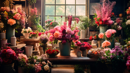 Fototapeta na wymiar Bouquets of bright colorful delicate flowers in vases stand on a table and shelves in background of flower store. Shop window decoration. Natural ecological plants. A sense of peace and domestic bliss
