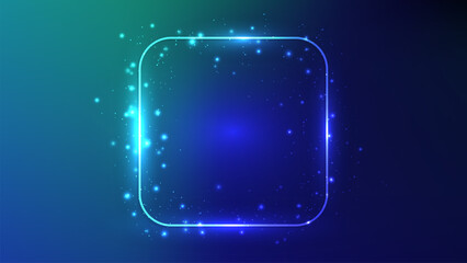 Neon rounded square frame with shining effects and sparkles
