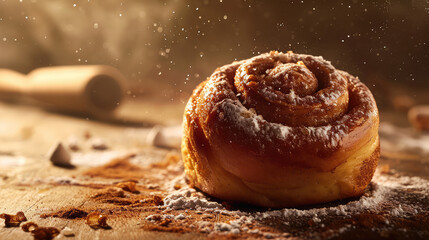Close-up of delicious fresh Cinnamon bun sprinkled with powdered sugar and cinnamon. A product photo of a classic French cake for pastry.