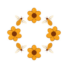 Floral round frame with honey bees. Beekeeping, wreath vector illustration isolated on white background.