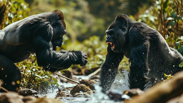AI generated illustration of two gorillas engaging in playful interaction in a shallow body of water