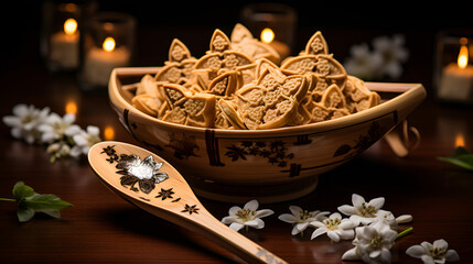 burning candles in a bowl, Spices and herbs on wooden spoons and cuisine ingredients. Dark background, Different types of tea and herbs in vintage wood spoons, top view on dark background