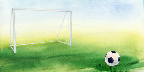 Soccer football ball and goal net watercolor drawing. Gate and playground grass lawn ready for game