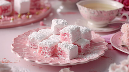 Sliced pink turkish delight cubes close-up. National traditional Turkish sweets sprinkled with powdered sugar. Jelly natural bonbons.