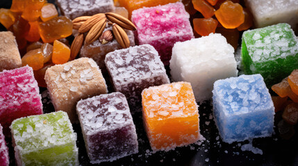 Closeup Sliced turkish delight cubes close-up. National traditional Turkish sweets sprinkled with powdered sugar. Jelly natural bonbons.
