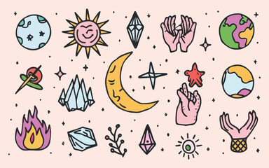 Mystic vector items, moon, hands, crystals, planets. Doodle astrology style. Doodle esoteric, boho mystical hand drawn elements. Magic and witchcraft, witch esoteric alchemy. Icons set. Vector design,