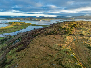 Fototapeta na wymiar Aerial view of Castlegoland hill by Portnoo - County Donegal, Ireland.