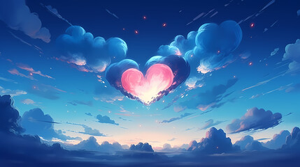 Beautiful sky love blue aesthetic heart wallpaper, Valentine's Day background, blank background - obrazy, fototapety, plakaty