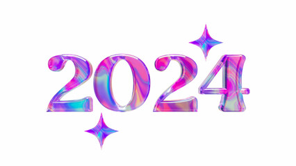 Holographic Iridescent 2024 Banner. New Year Banner with the number "2024" and stars illustrated in 3D style with a vibrant holographic purple texture. Isolated on white background.