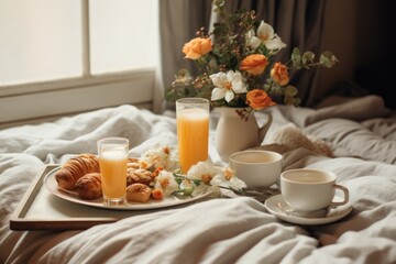 Breakfast in bed with coffee, croissants and orange juice, A cozy breakfast in bed scene for mom, AI Generated