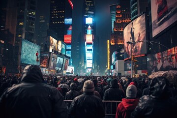 s Square, featured with Broadway Theaters and huge number of LED signs, is a symbol of New York City and the United States, A crowd waiting for the ball drop at Times Square, AI Generated