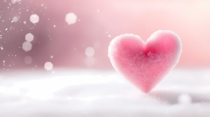 Obraz premium Frozen pink heart on snow with bokeh snow background. Christmas wallpaper. Icy winter banner with copy space