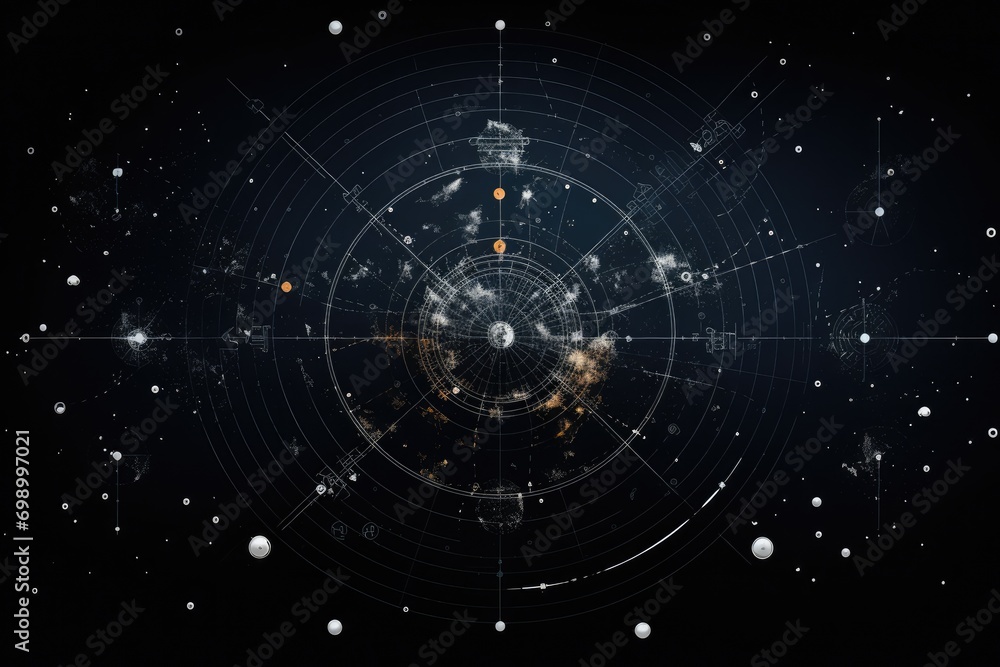 Poster astronomical chart and satellite on dark background. 3d rendering, a deep dive into the abstract con