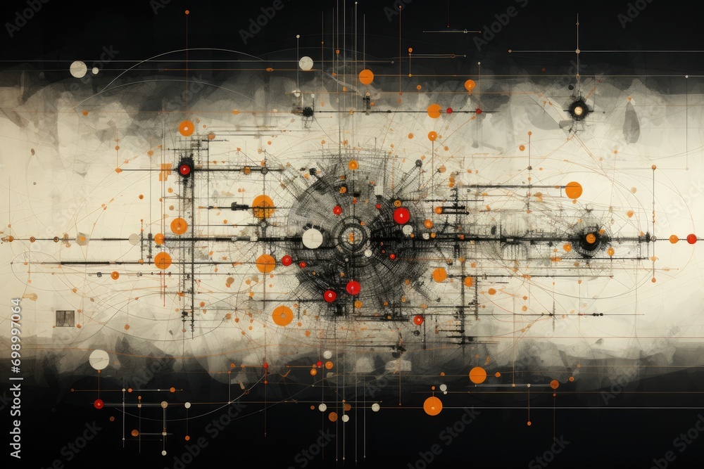 Poster Abstract technology background. Communication concept. 3d rendering toned image double exposure, A deep dive into the abstract construct of a navigation system, AI Generated