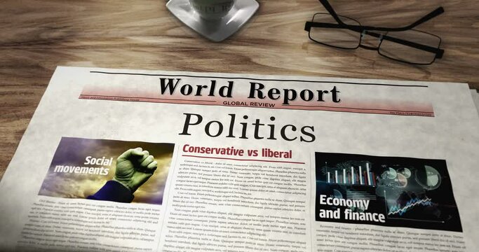 Politics daily newspaper on table. Headlines news abstract concept 3d.