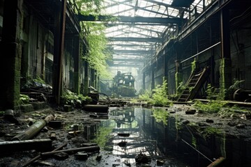 Abandoned factory building in the middle of the forest. Concept of environmental pollution, A deserted derelict factory overtaken by nature, AI Generated - obrazy, fototapety, plakaty