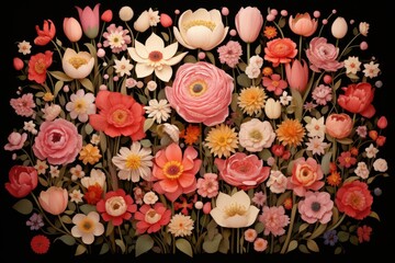 floral background with pink, white and red flowers on black background, A detailed illustration of blooming flowers arranged to form a 'Happy Mothers Day' message, AI Generated