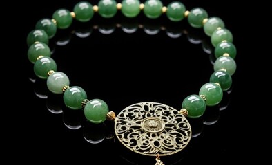 jade and gold necklace, in the style of influenced by ancient chinese art