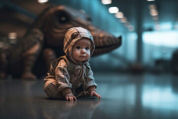 Infant dino donning traveler attire stands in airport. Generative AI - obrazy, fototapety, plakaty