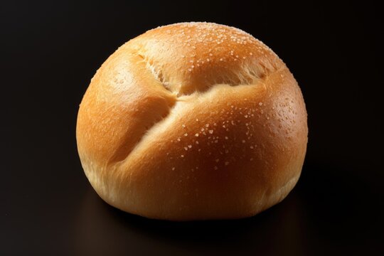 Bread on black background, close-up of a bun, A doughy and soft texture of a freshly baked bun