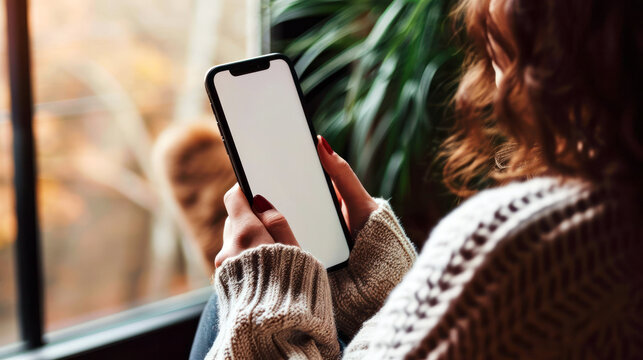 mockup, woman holding smartphone with blank screen 