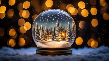 Fototapeta na wymiar Wintry snow globe on festive background, encapsulates holiday magic.