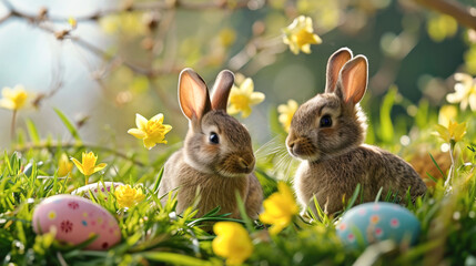 Delightful card featuring bunnies and flowers, cheerful Easter wishes.