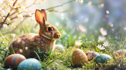 Cheerful card for Easter, vibrant colors, playful festive designs.