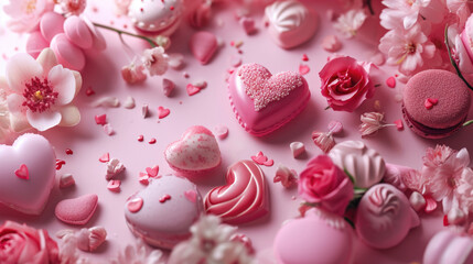 Obraz na płótnie Canvas Valentine's setting hearts, roses, evoking love and romanticism.