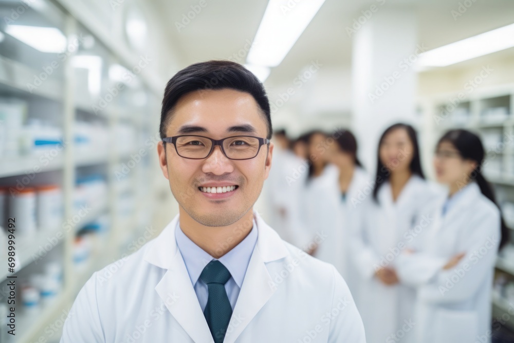 Canvas Prints young asian pharmacy team smiling 