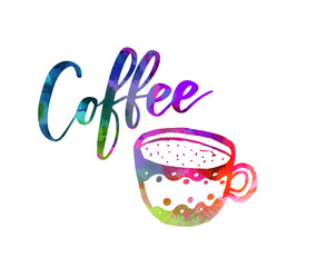Coffee - handwritten lettering with painted coffee cup, colorful abstract text
