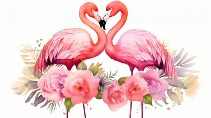 Couple pink flamingos and bouquet flowers. Watercolor