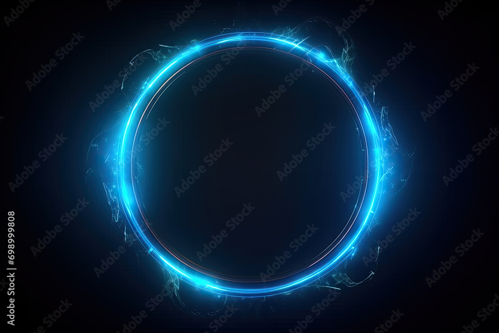 Wall mural blue circle light frame on black background.blue light effects on round placeholder for your text on - Wall murals