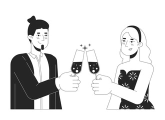 Caucasian white couple clinking glasses black and white 2D line cartoon characters. Deeply in love sweethearts isolated vector outline people. Toasting monochromatic flat spot illustration