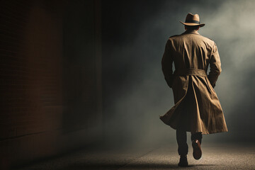 Old fashioned secret agent detective retro trench coat hat glasses Generative AI motion picture...
