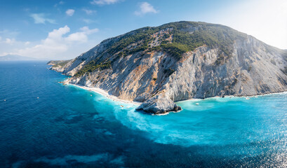 Panoramic aerial view of the north coast of Skiathos island with the popular Lalaria beach and fluorescent shining, blue sea, Sporades, Greece