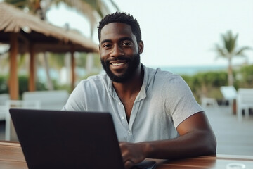 Generative AI technology picture of chilling nomad person sitting near seaside beach pool cafeteria working remotely with laptop