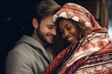 AI generated image of joyful gentle people wrapped in blanket comfort room