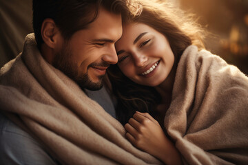 AI generated image of cute people cozy couple enveloped in a warm blanket together - obrazy, fototapety, plakaty