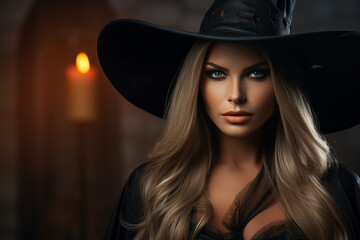 Portrait of beautiful halloween personage attractive witch generative AI technology