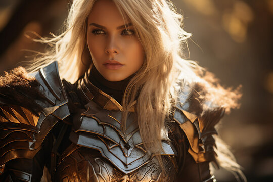 Portrait of beautiful amazon confident warrior in metallic protective costume generative AI technology